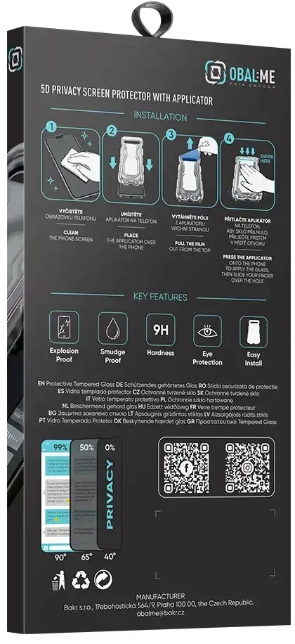 OBAL:ME Privacy 5D stiklinė ekrano apsauga su aplikatoriumi, skirta iPhone 18 Pro, juoda