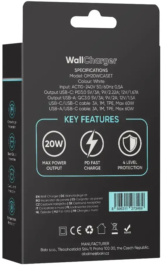 OBAL:ME laidinis įkroviklis USB-A + USB-C 20W + 2x kabelis 1m baltos spalvos