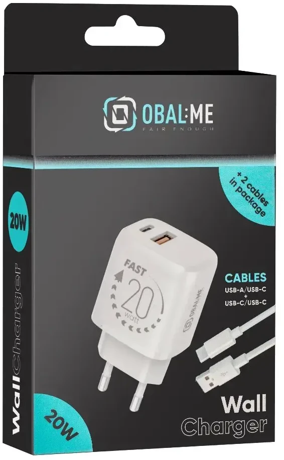 OBAL:ME laidinis įkroviklis USB-A + USB-C 20W + 2x kabelis 1m baltos spalvos