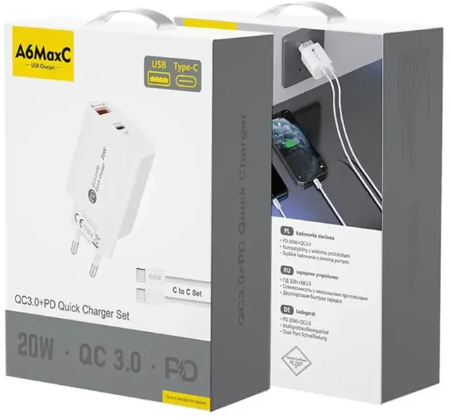 Oem A6MaxL kelioninis įkroviklis | 20W | USB-C, USB-A | su USB-C kabeliu | balta