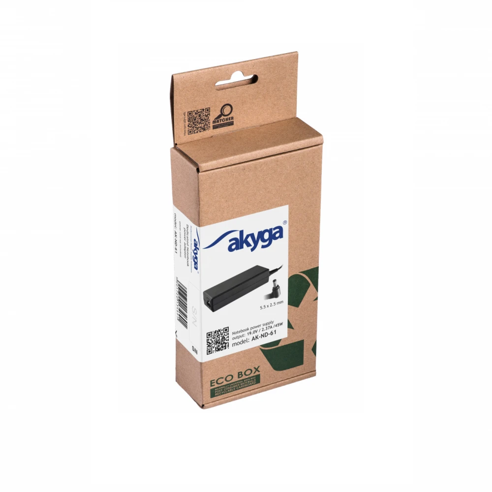 Nešiojamojo kompiuterio pakrovėjas Akyga AK-ND-61 (19V / 2.37A 45W 5.5 x 2.5mm) ASUS / TOSHIBA / LENOVO 1.2m