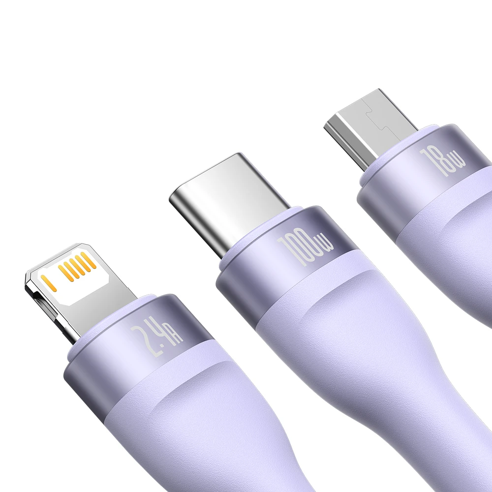 Baseus Flash Series 3 su 1-ben USB kabeliu, USB-C + mikro USB + Lightning, 100 W, 1.2 m (lila)