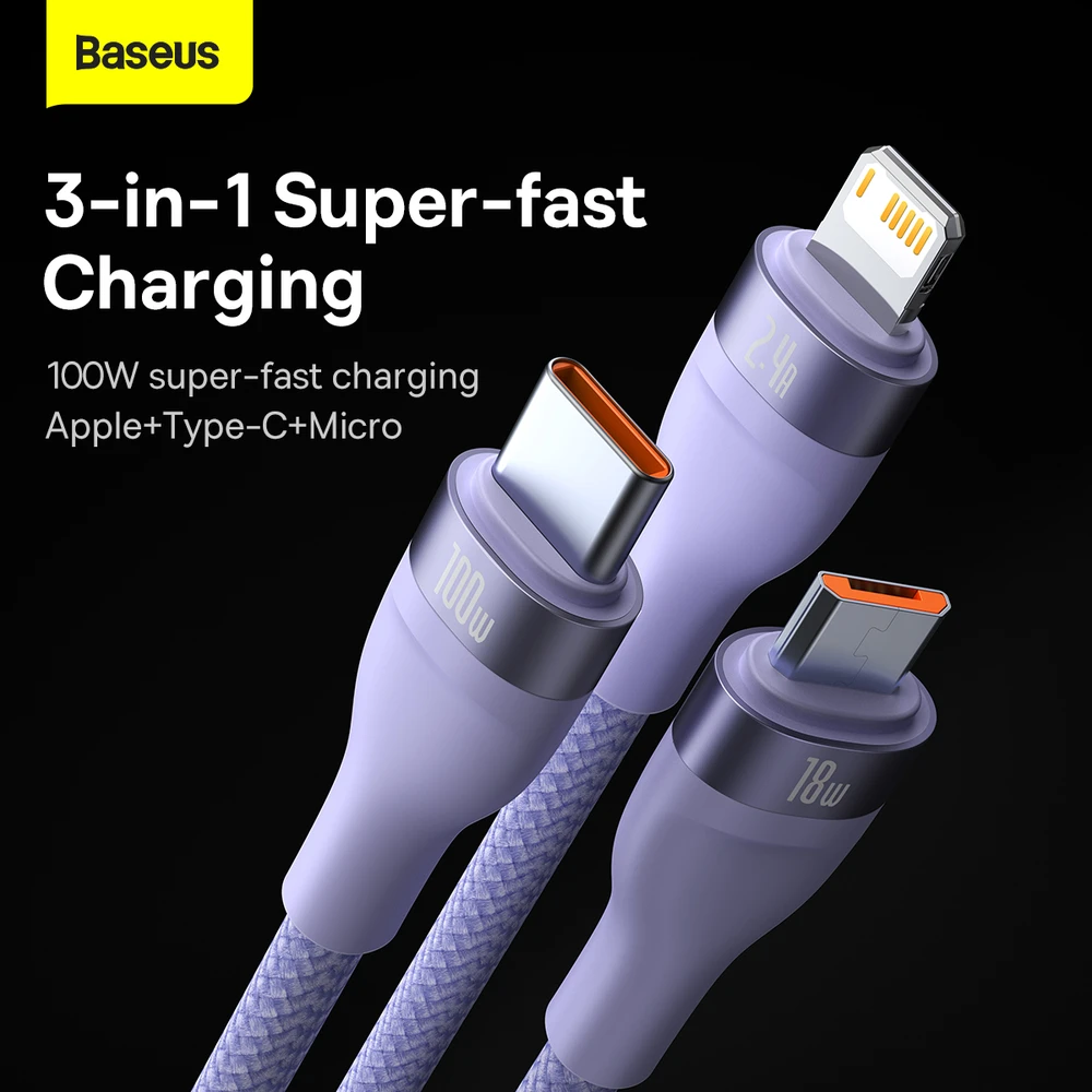 Baseus Flash Series 3 su 1-ben USB kabeliu, USB-C + mikro USB + Lightning, 100 W, 1.2 m (lila)