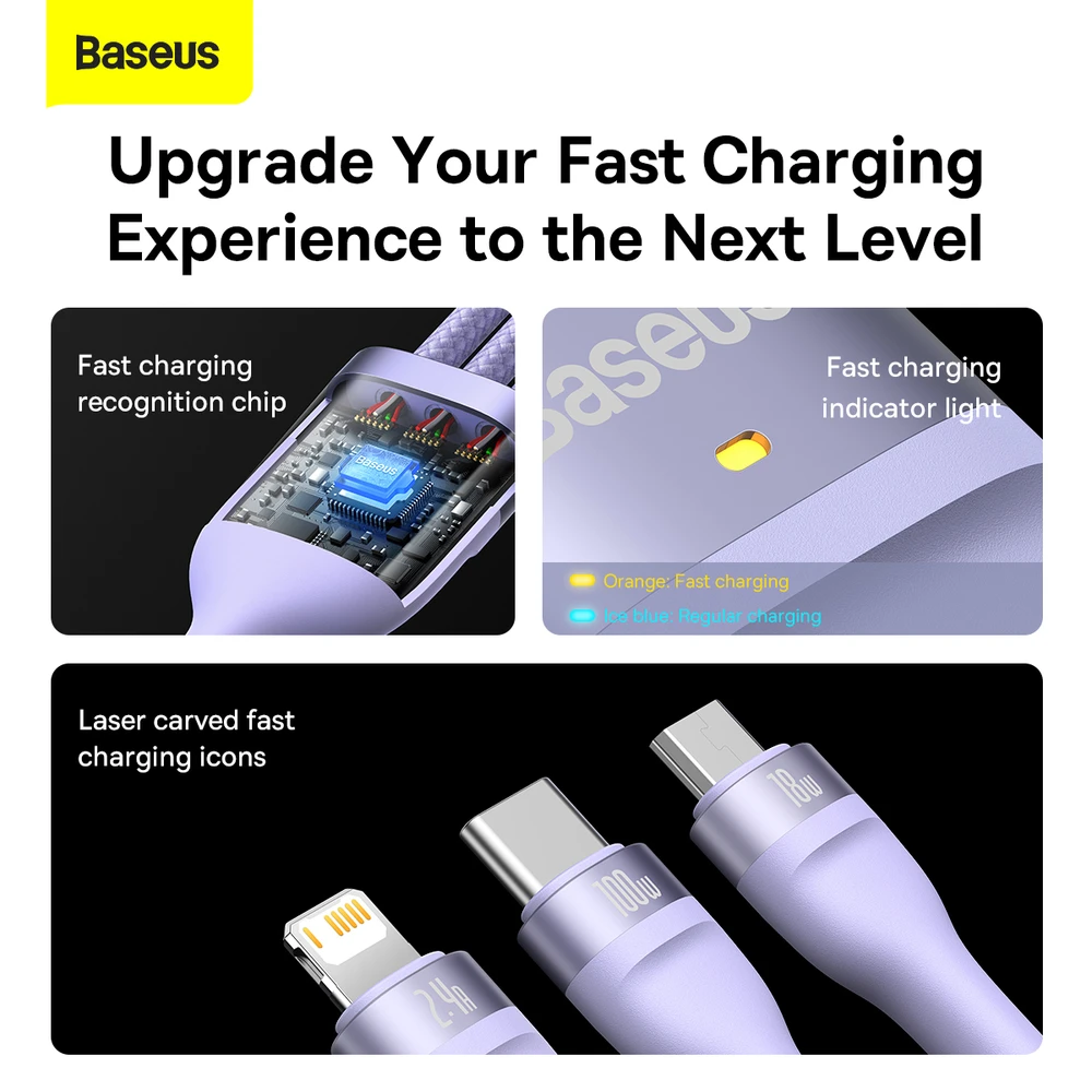 Baseus Flash Series 3 su 1-ben USB kabeliu, USB-C + mikro USB + Lightning, 100 W, 1.2 m (lila)