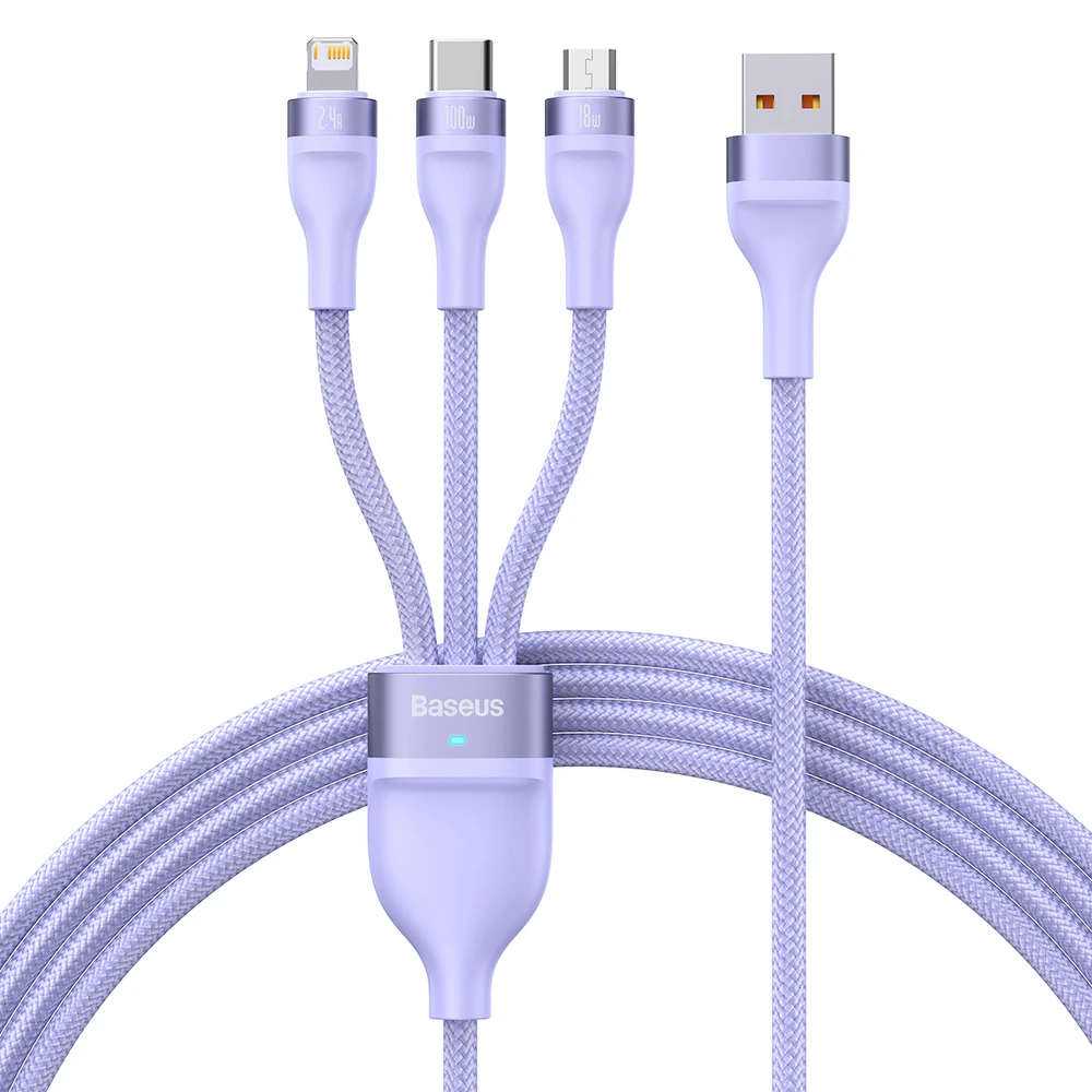 Baseus Flash Series 3 su 1-ben USB kabeliu, USB-C + mikro USB + Lightning, 100 W, 1.2 m (lila)
