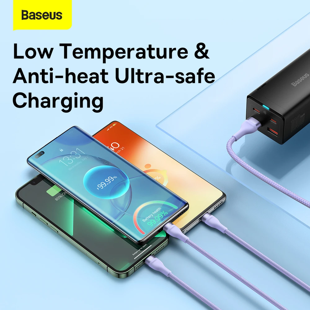 Baseus Flash Series 3 su 1-ben USB kabeliu, USB-C + mikro USB + Lightning, 100 W, 1.2 m (lila)