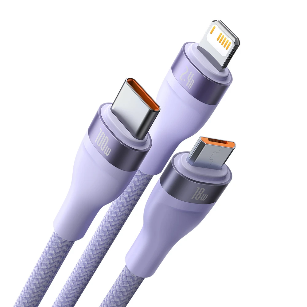 Baseus Flash Series 3 su 1-ben USB kabeliu, USB-C + mikro USB + Lightning, 100 W, 1.2 m (lila)