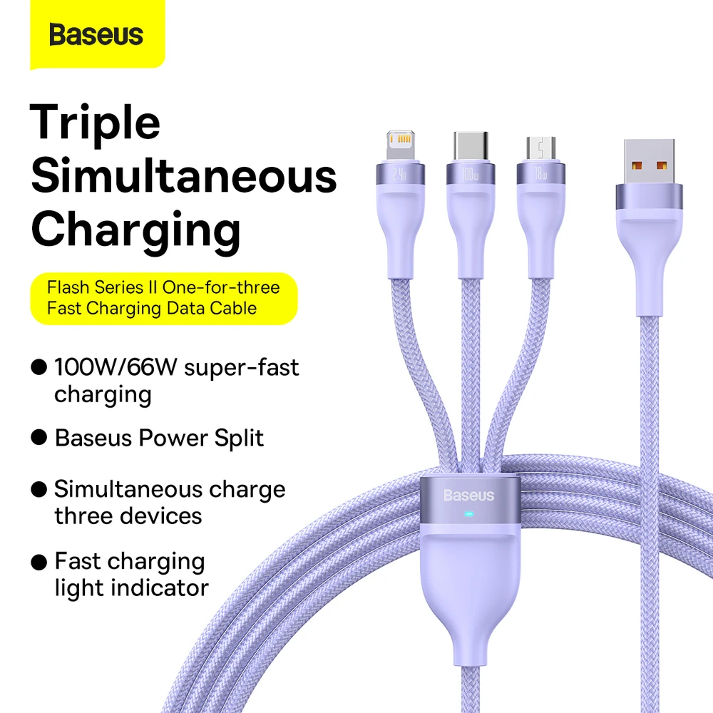 Baseus Flash Series 3 su 1-ben USB kabeliu, USB-C + mikro USB + Lightning, 100 W, 1.2 m (lila)