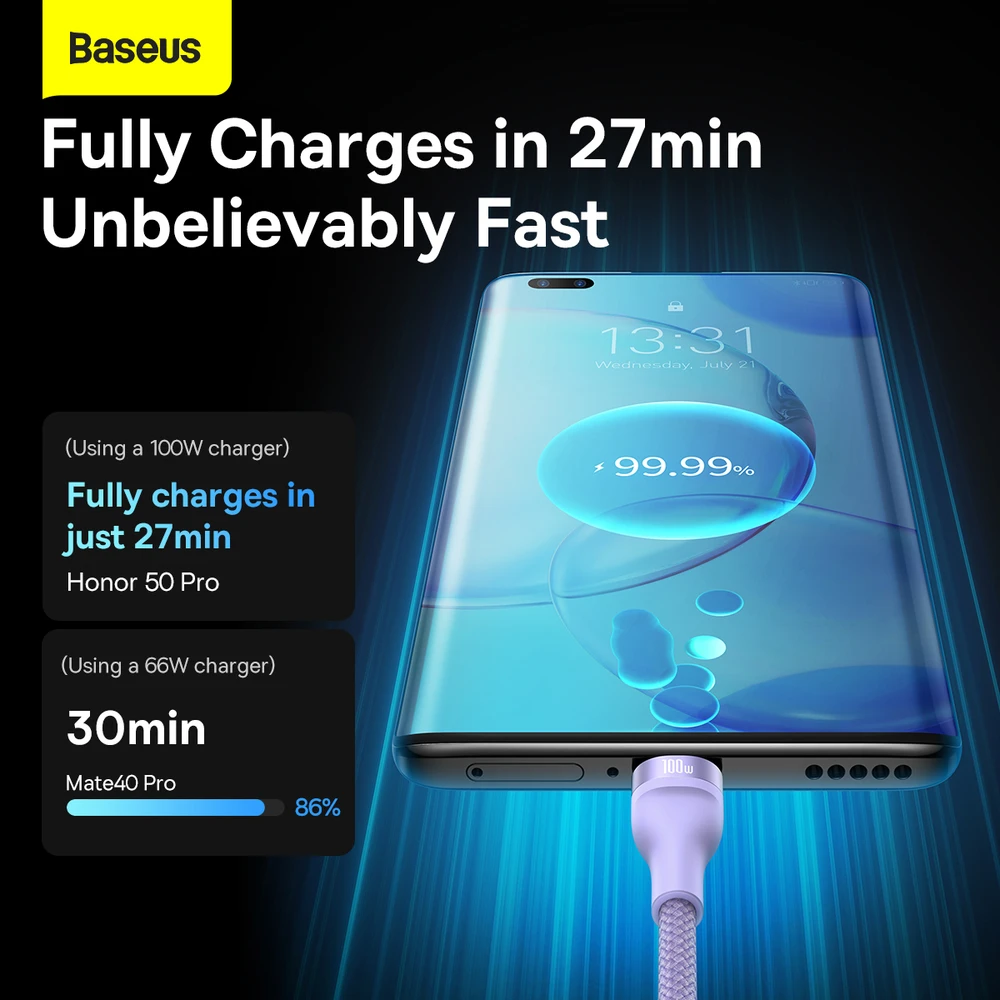 Baseus Flash Series 3 su 1-ben USB kabeliu, USB-C + mikro USB + Lightning, 100 W, 1.2 m (lila)