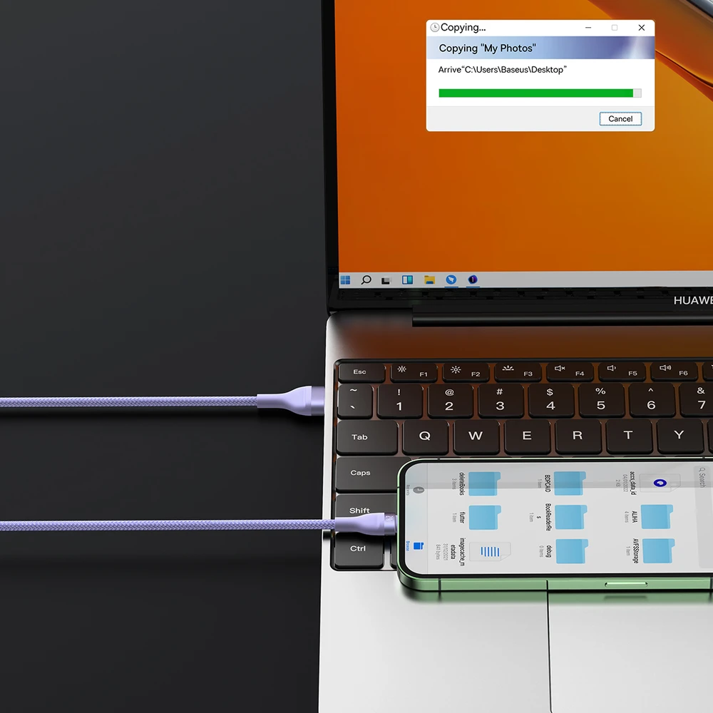Baseus Flash Series 3 su 1-ben USB kabeliu, USB-C + mikro USB + Lightning, 100 W, 1.2 m (lila)