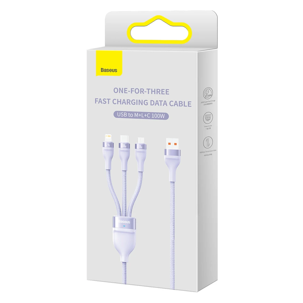 Baseus Flash Series 3 su 1-ben USB kabeliu, USB-C + mikro USB + Lightning, 100 W, 1.2 m (lila)