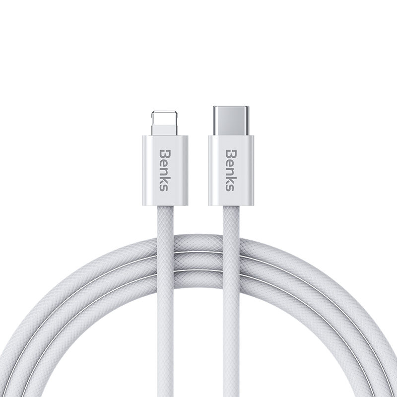 Benks Cable D46 braided – Type C to Lightning – PD 27W 3A 2 metres baltas