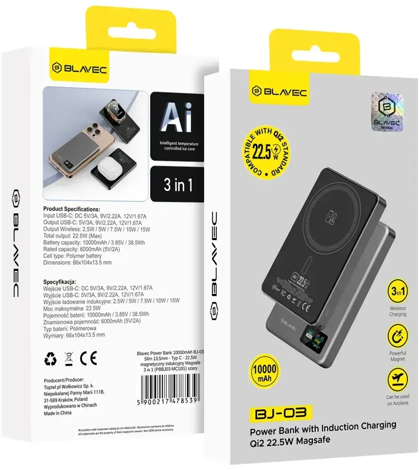 Oem Blavec Power Bank 10000mAh BJ-03 Slim 13,5mm – Type C – 22,5W magnetic Magsafe 3 in 1 (PBBJ03-MC10G) pilkos spalvos