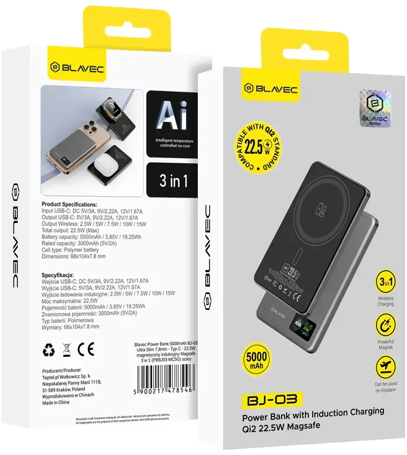 Oem „Blavec“ išorinė baterija 5000mAh BJ-03, itin plona, 7,8 mm, C tipo, 22,5 W, magnetinė, „Magsafe 3 in 1“ (PBBJ03-MC5G), aliuminio spalvos pagalvėlės