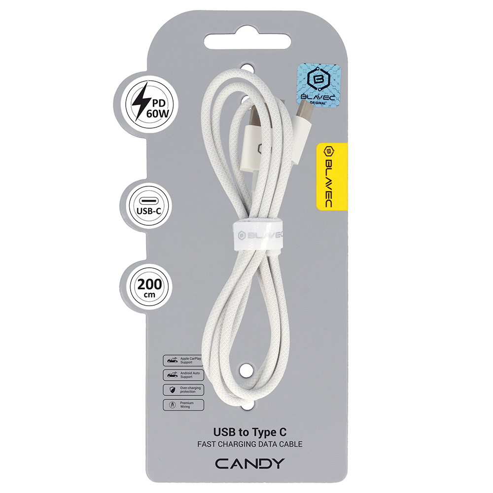 Oem Blavec Cable Candy braided – USB to Type C – PD 60W 3A 2 metres CarPlay/Android Auto (CCA-UC3W20) baltas