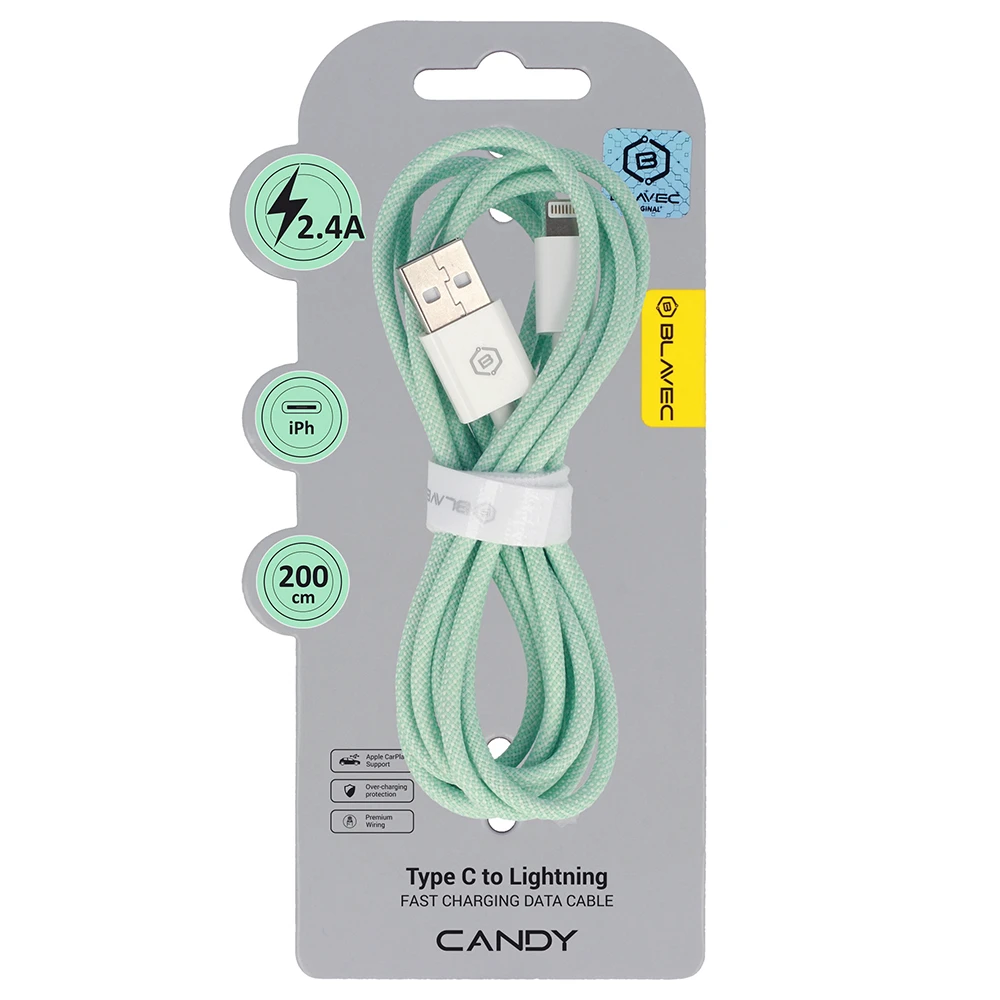 Oem Blavec kabelis Candy braided – USB į Lightning – 2,4A 2 metrai (CCA-UL24GN20) žalios spalvos