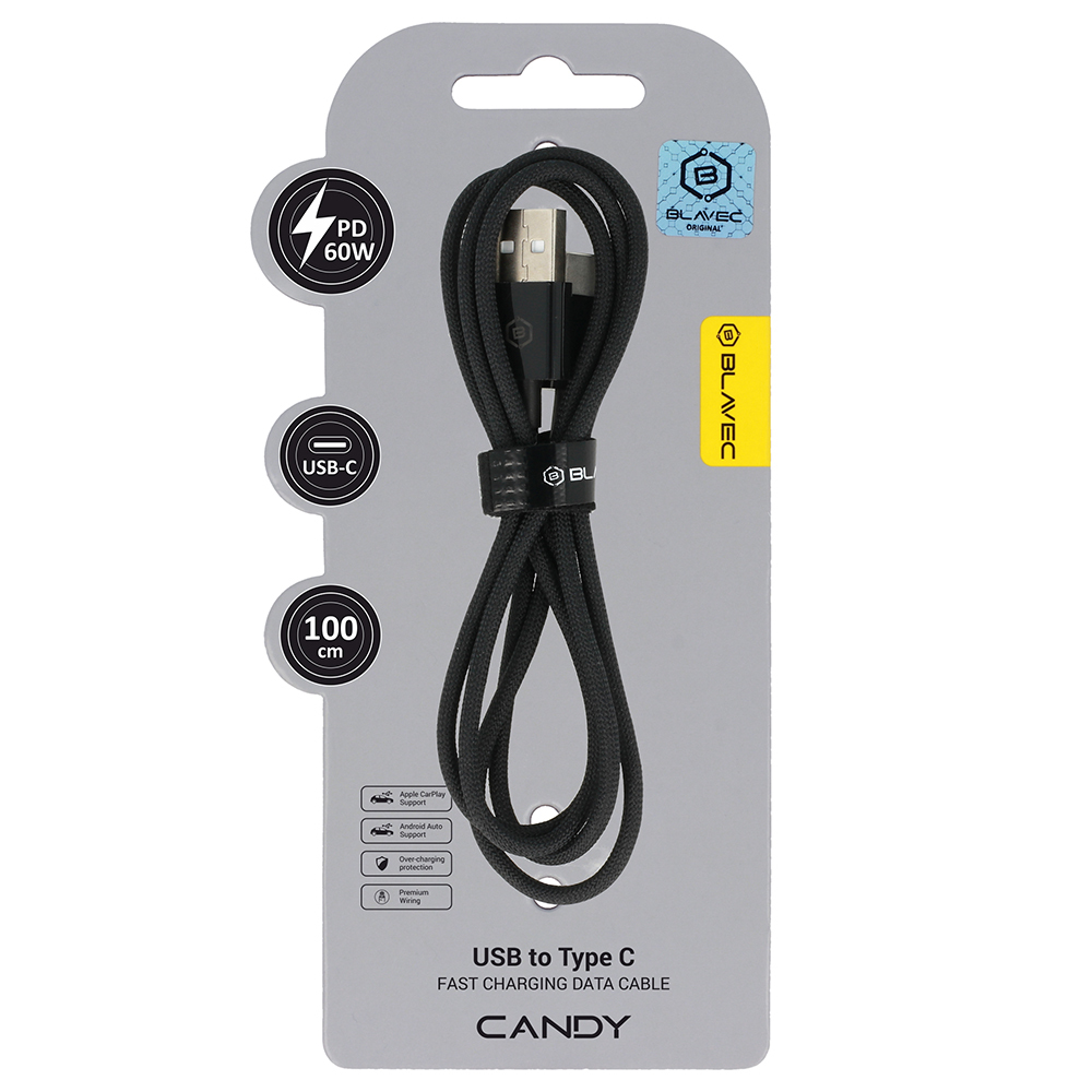 Oem Blavec kabelis Candy pintas – USB-C jungtimi – PD 60W 3A, 1 metras, Apple CarPlay/Android Auto (CCA-UC3B10), juodas
