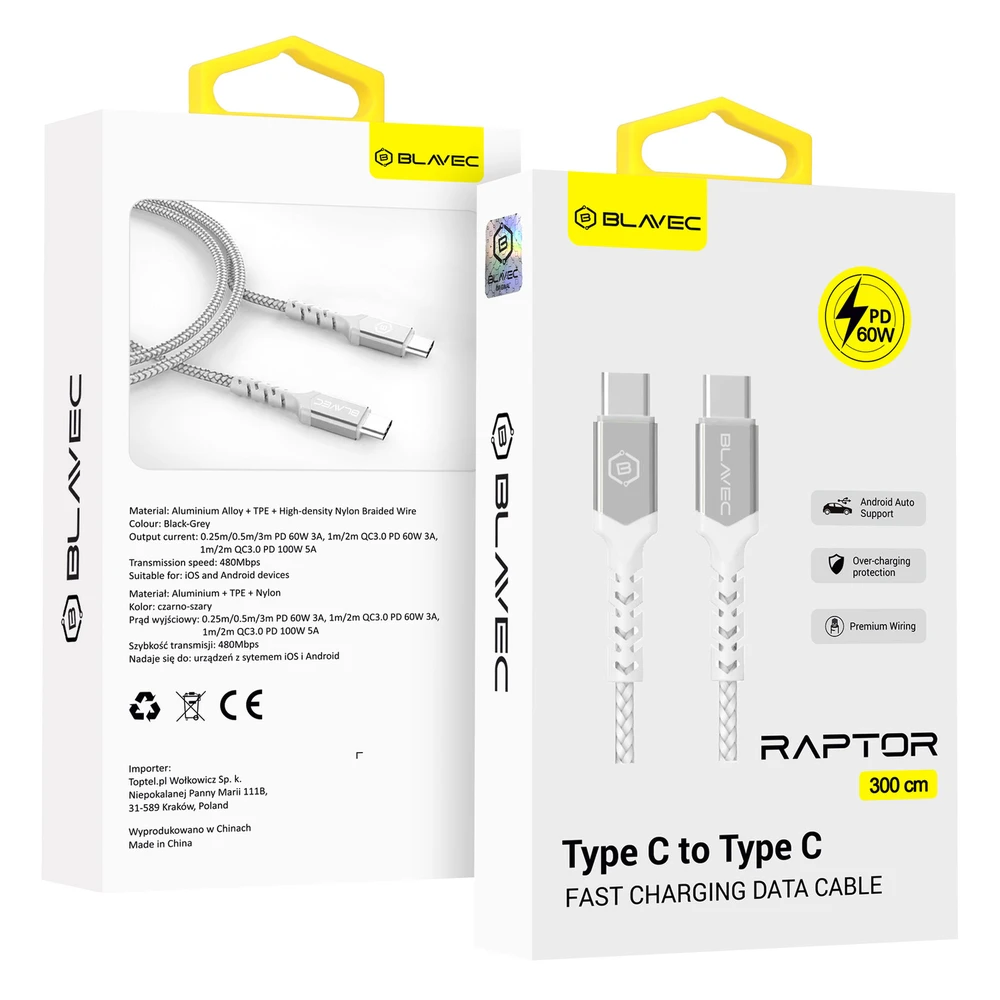 Blavec kabelis Raptor pintas – Type C į Type C – PD 60W 3A 3 metrai (CRA-CC3WS30) baltos-sidabrinės spalvos