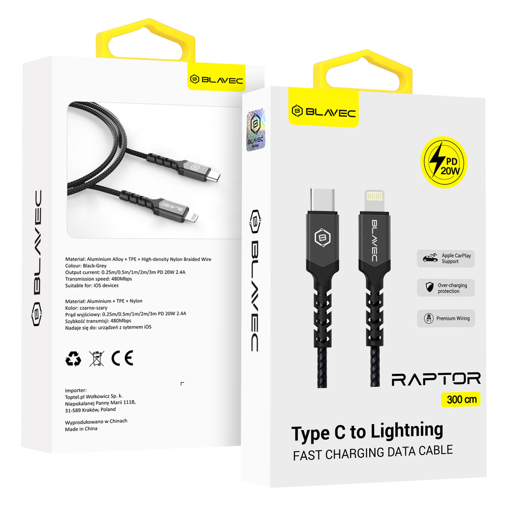 Oem Blavec kabelis Raptor pintas – Type C į Lightning – PD 20W 2,4A 3 metrai (CRA-CL24BG30) juodos-pilkos spalvos