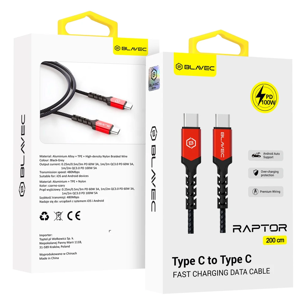 Oem Blavec kabelis Raptor pintas – Type C į Type C – PD 100W 5A 2 metrai (CRA-CC5BR20) juodos-raudonos spalvos