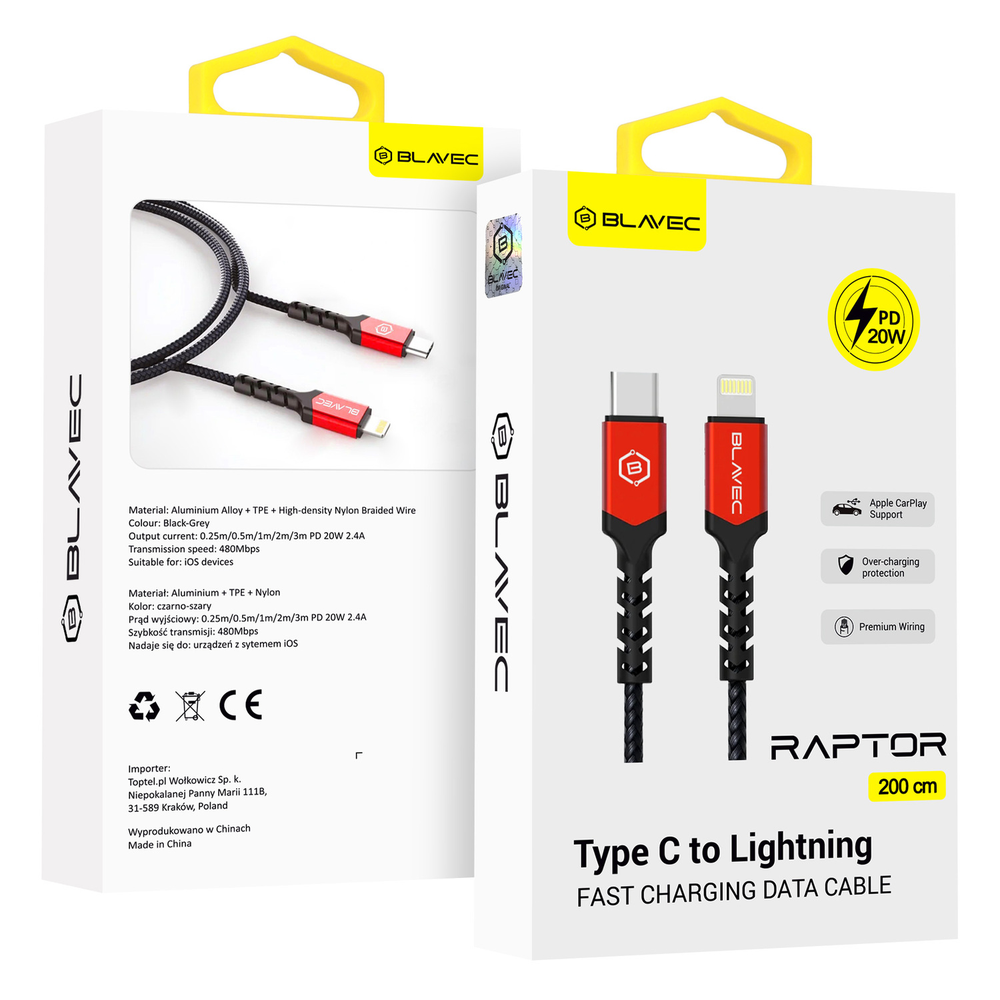 Oem Blavec laidas Raptor pintas – Type C į Lightning – PD 20W 2,4A 2 metrai CarPlay (CRA-CL24BR20) juodas-raudonas