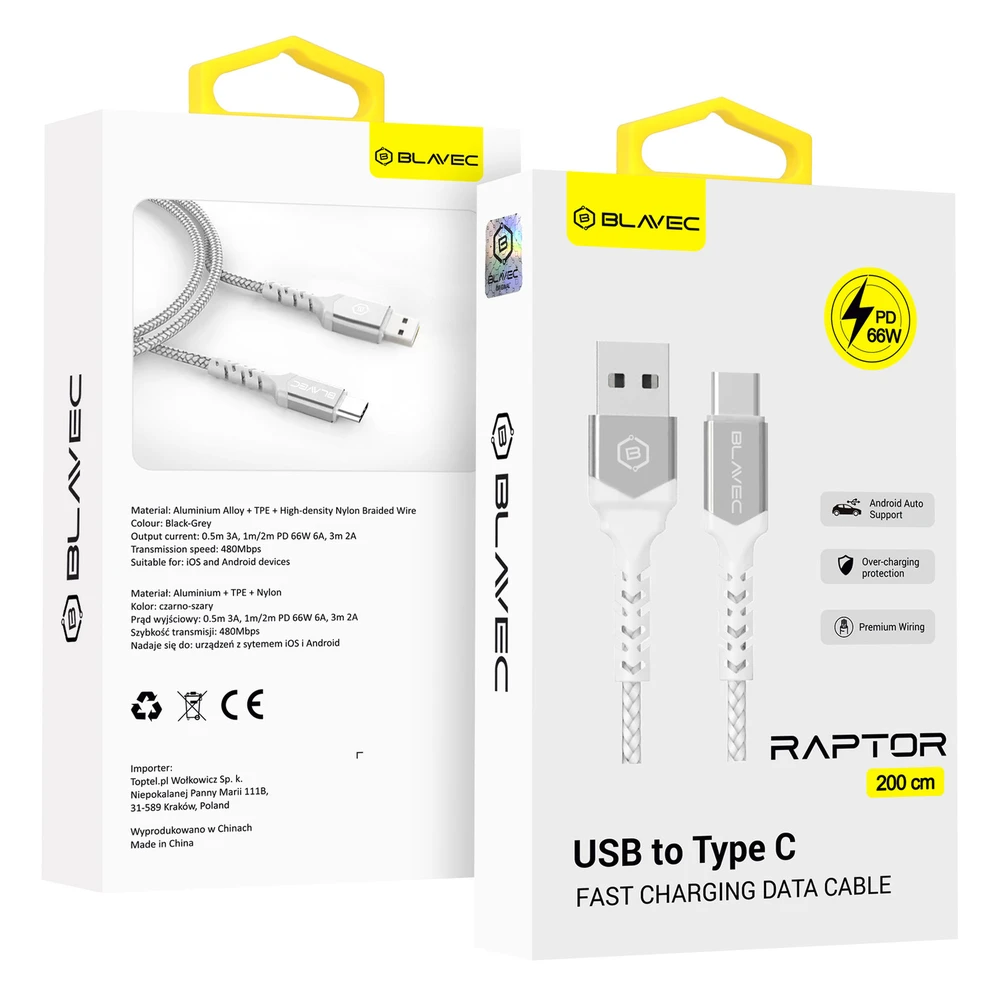 Oem Blavec kabelis Raptor braided – USB į Type C – PD 66W 6A 2 metras (CRA-UC6WS20) baltos spalvos-sidabro spalvos