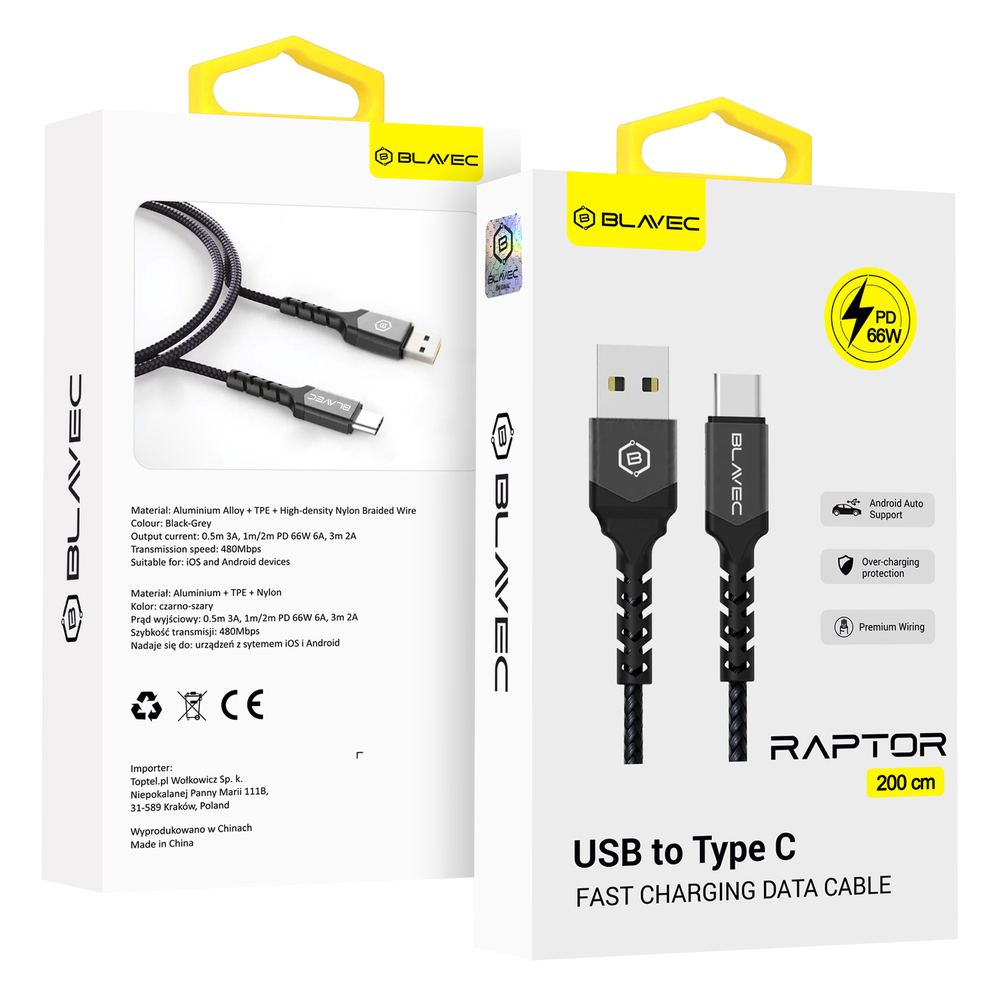 Oem Blavec kabelis Raptor braided – USB į Type C – PD 66W 6A 2 metras (CRA-UC6BG20) juodos spalvos-pilkos spalvos