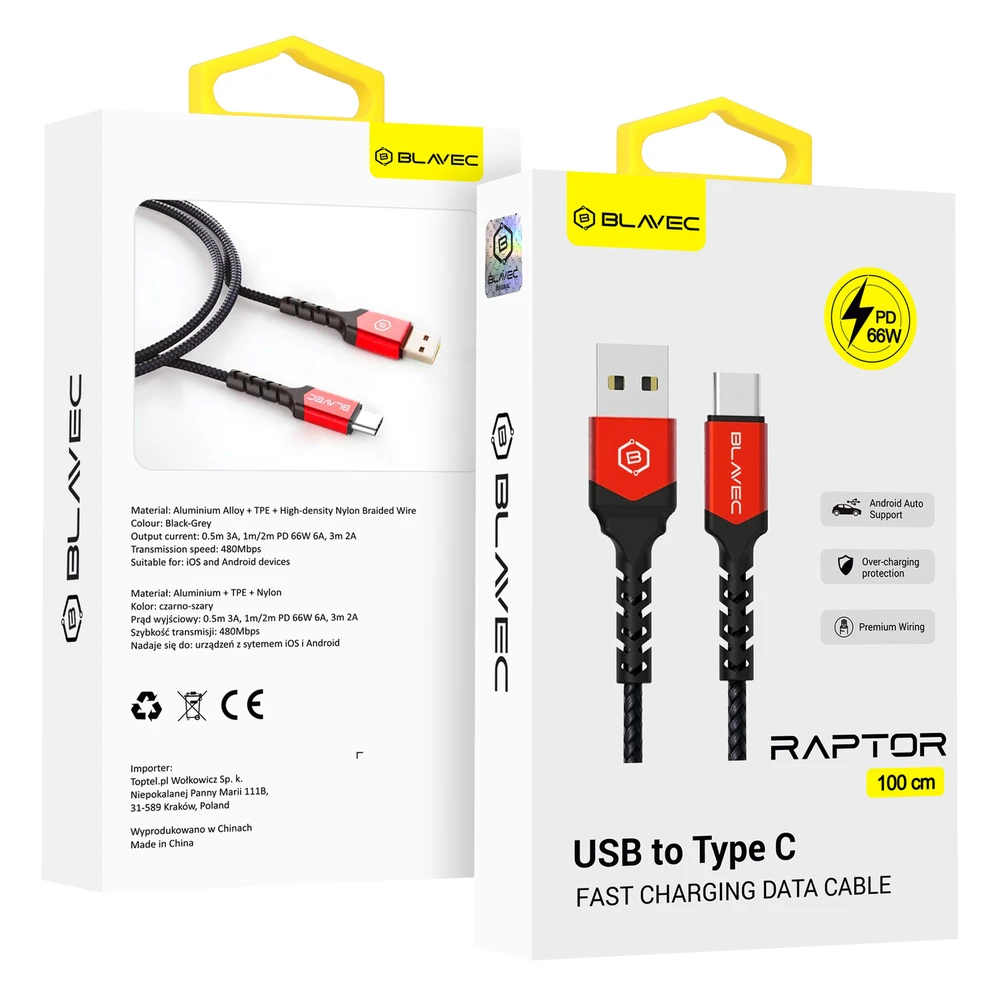 Oem Blavec kabelis Raptor braided – USB į Type C – PD 66W 6A 1 metras (CRA-UC6BR10) juodos spalvos-raudonos spalvos