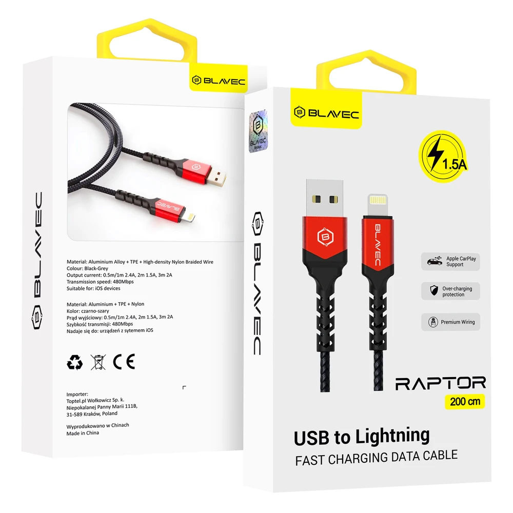 Oem Blavec kabelis Raptor pintas – USB į Lightning – 1,5A 2 metrai (CRA-UL15BR20) juodos-raudonos spalvos
