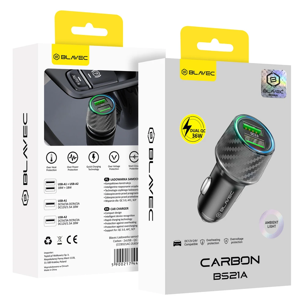 Oem Blavec automobilinis įkroviklis BS21A Carbon - 2xUSB - QC 3.0 36W 3A (CCBS21AC-2UB3A) juodos spalvos