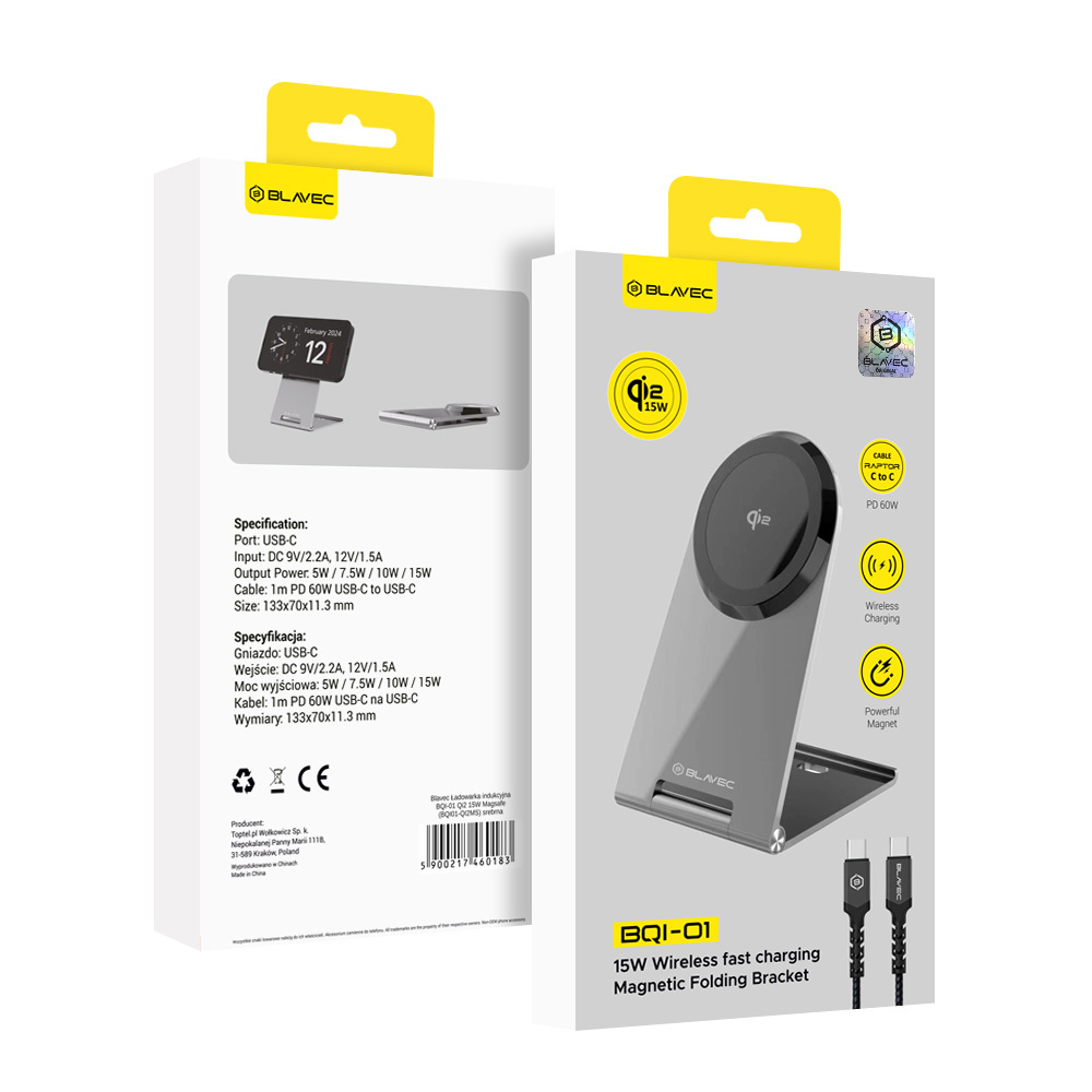 Oem Blavec belaidis įkroviklis BQI-01 Qi2 15W magnetic Magsafe + Raptor cable type C to type C (BQI01-QI2MS) sidabro spalvos