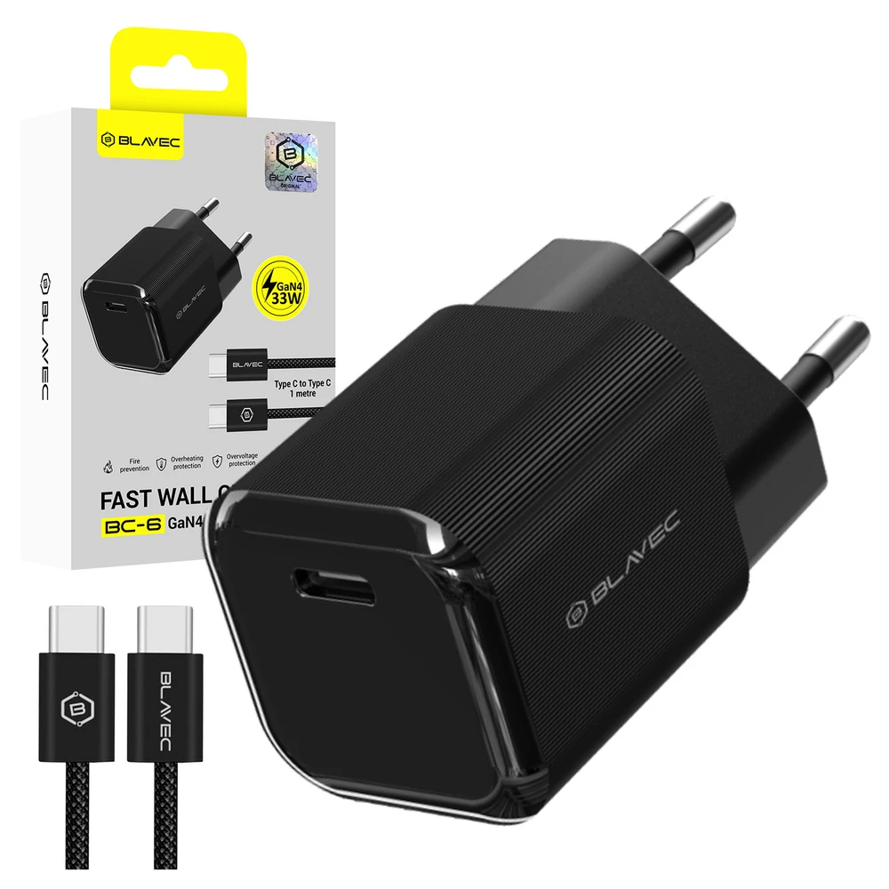 Blavec Wall charger BC-6 GaN4 – Type C – PD QC 33W 3A with Type C to Type C cable (TCBC6G4-CB333A+CC) juodos spalvos