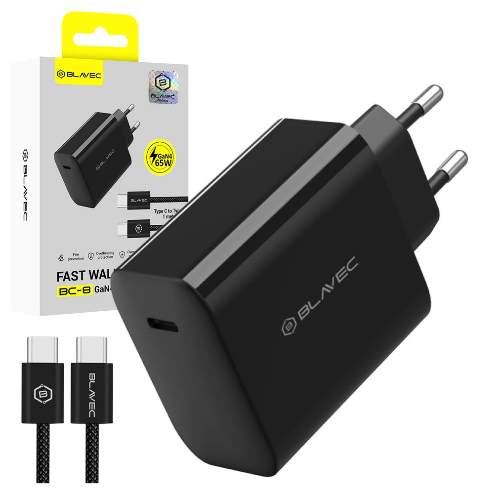 Blavec Wall charger BC-8 GaN4 – Type C – PD QC 65W 3A with Type C to Type C cable (TCBC8G4-CB653A+CC) juodos spalvos