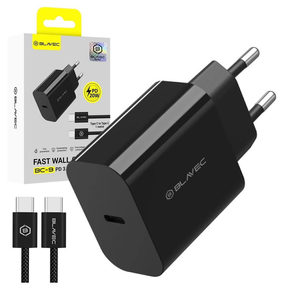 Blavec Wall charger BC-9 – Type C – PD 20W 3A with Type C to Type C cable (TCBC9-CB203A+CC) juodos spalvos