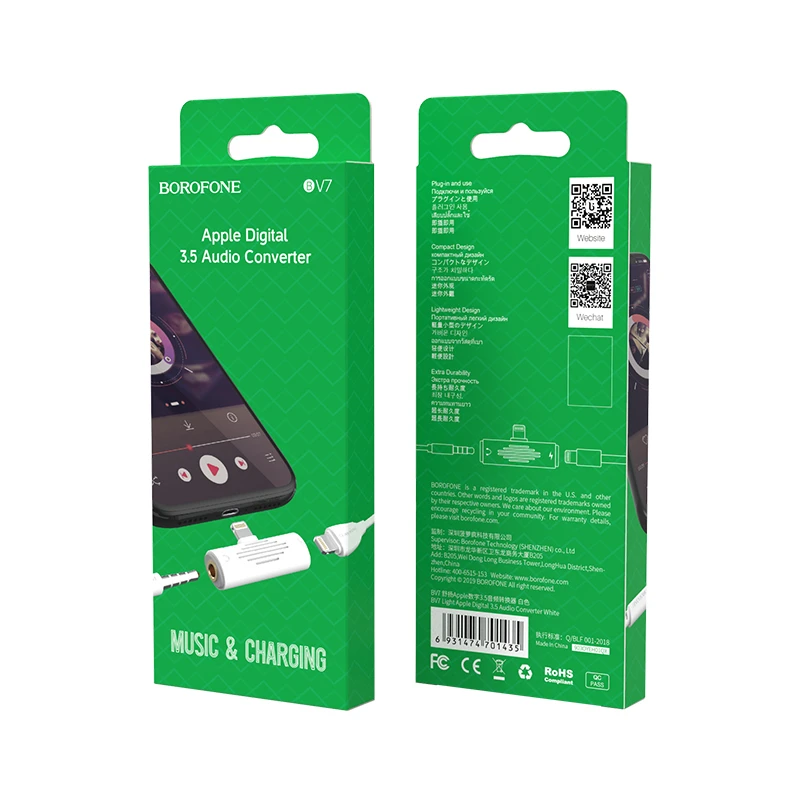 Adapteris Borofone BV7 iš Lightning į Lightning + 3,5mm baltas