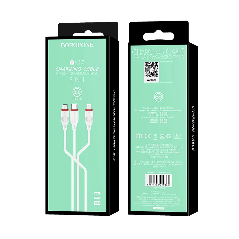 USB kabelis Borofone BX17 3in1 microUSB-Lightning-Type-C baltas