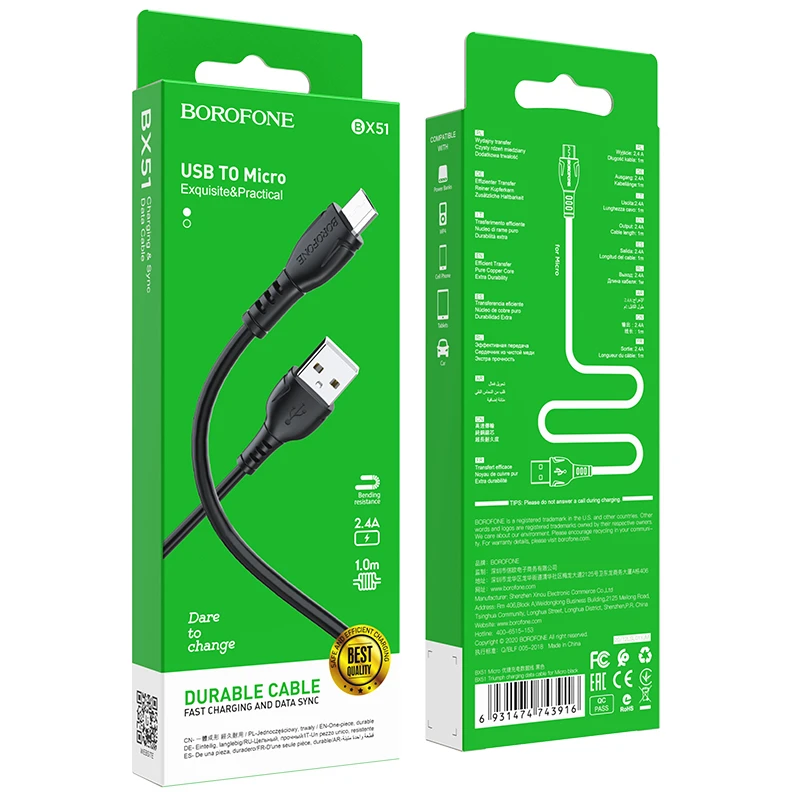 Oem Borofone Kabelis BX51 Triumph – USB į Micro USB – 2,4A 1 metras juodos spalvos