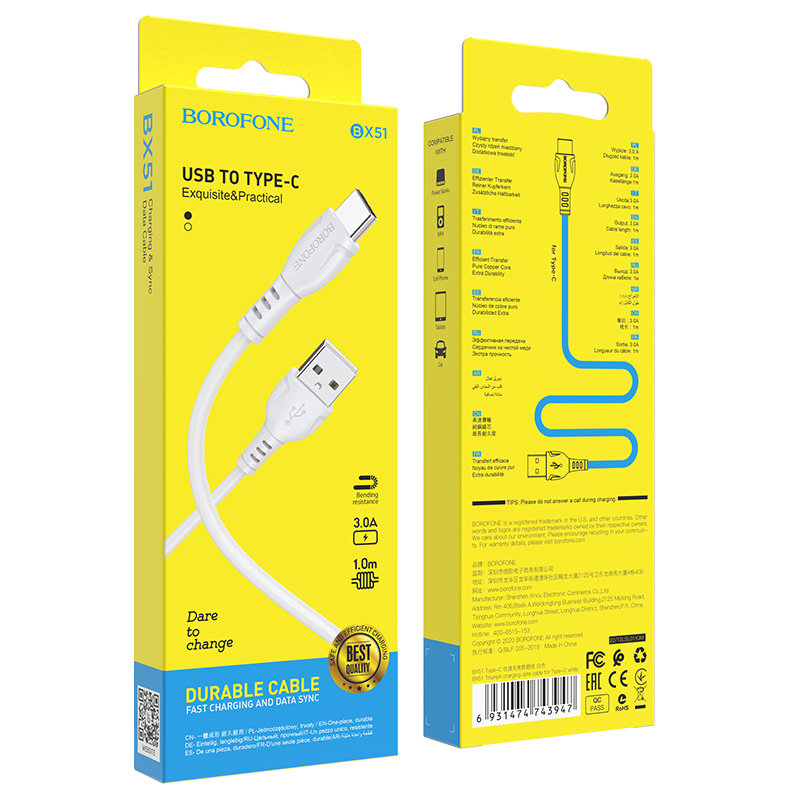 Borofone kabelis BX51 Triumph – USB į Type C – 3A 1 metras baltos spalvos