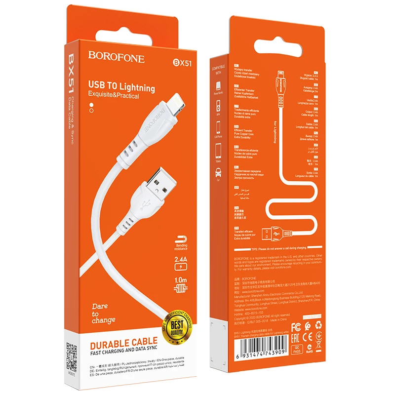 Oem Borofone kabelis BX51 Triumph – USB į Lightning – 2,4A 1 metras baltos spalvos