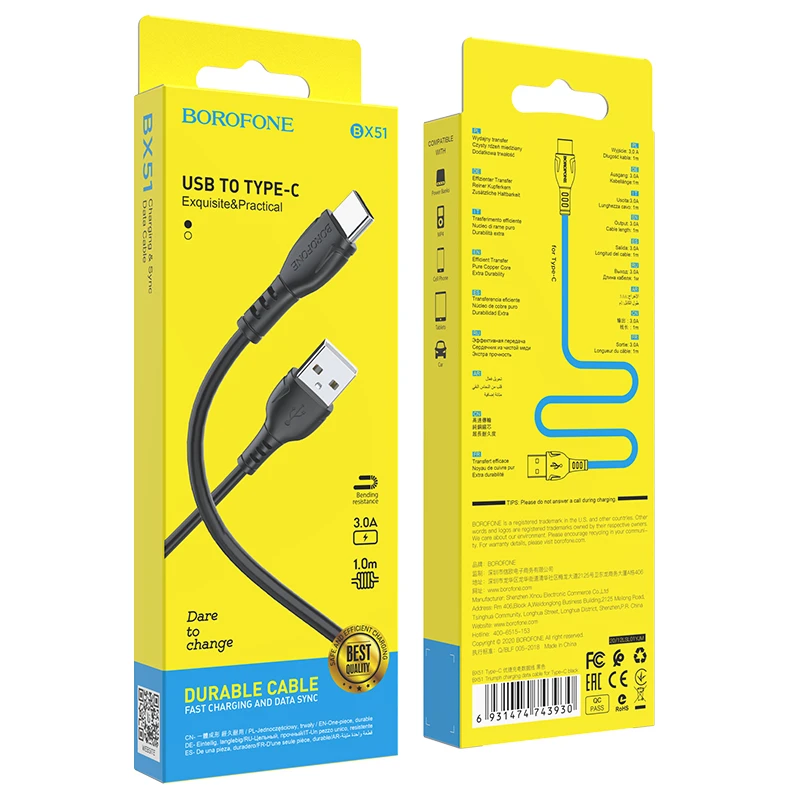 Borofone kabelis BX51 Triumph – USB į Type C – 3A 1 metras juodos spalvos