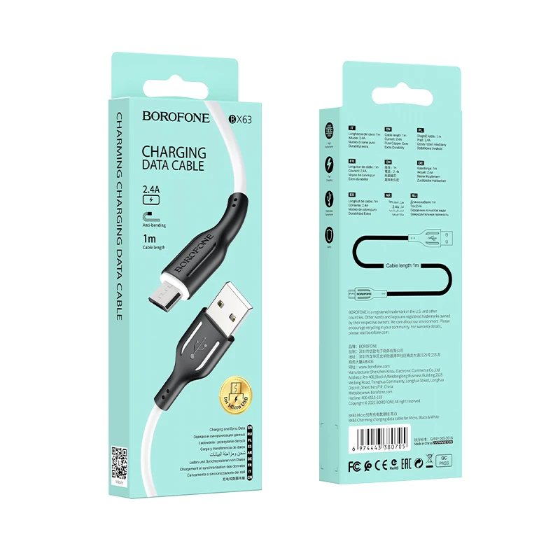 Oem Borofone Cable BX63 Charming – USB to MicroUSB – 2,4A 1 metre juodas-baltas