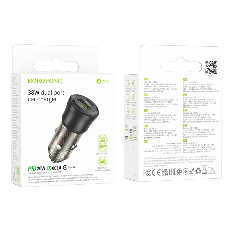Borofone automobilinis įkroviklis BZ25 Journey - USB + Type C - PD38W 3A juodos spalvos