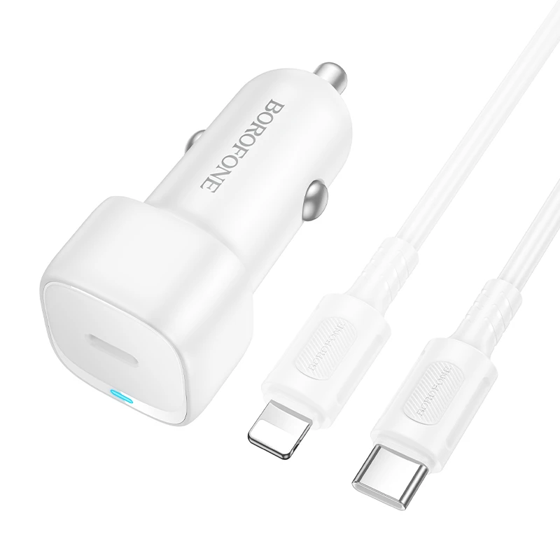 Borofone automobilinis įkroviklis BZ34A Cloud – Typ C – PD 20W su kablem Typ C į Lightning baltos spalvos