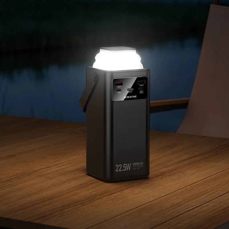 „Borofone“ išorinė baterija 50000mAh BJ65A High – 2xUSB + C tipo – QC 3.0 22,5W + PD 20W su USB, C tipo, „Lightning“ ir micro USB jungtimis, juodos spalvos