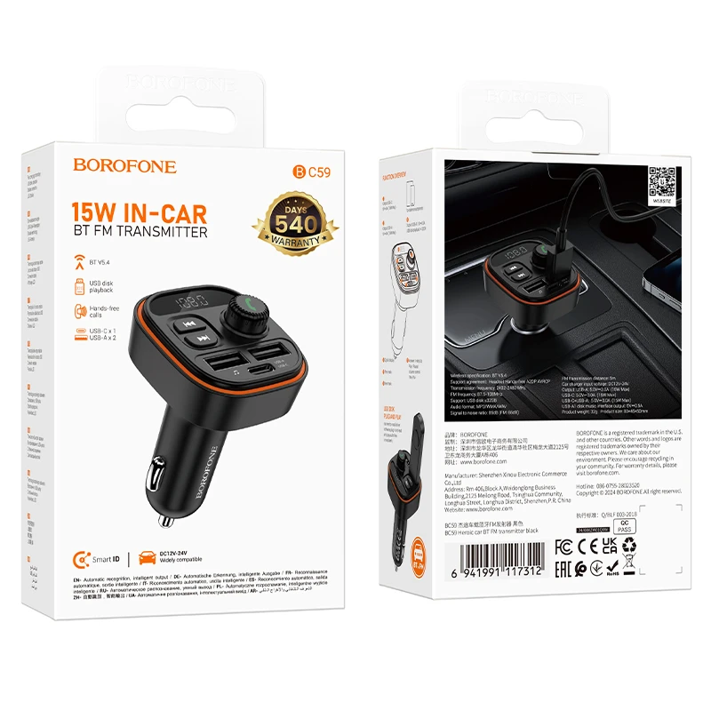 Borofone Transmiter FM BC59 Heroic MP3, Bluetooth – 2xUSB + Typ C – juodos spalvos