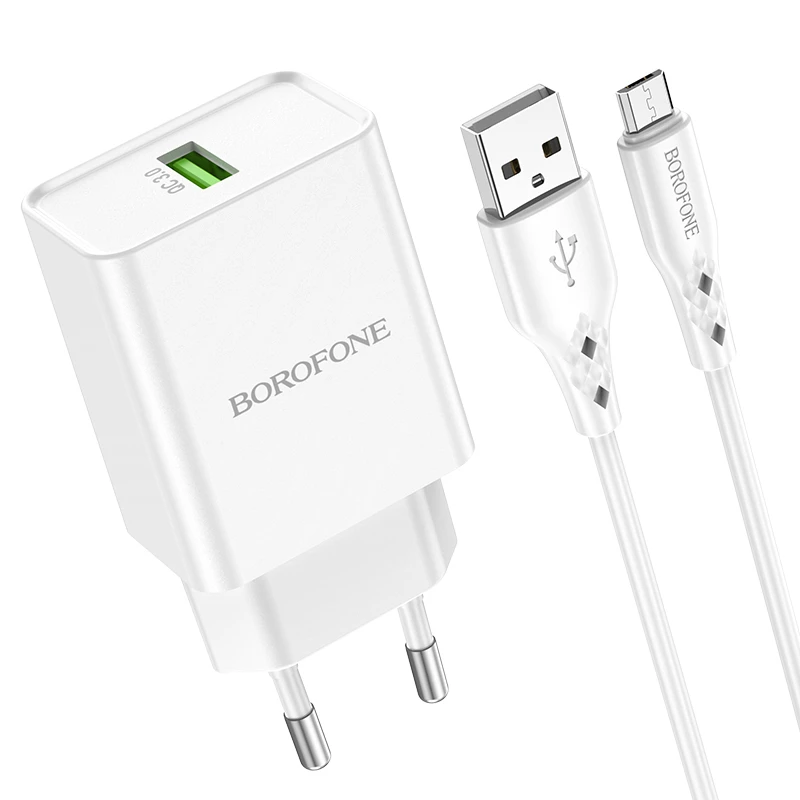Įkroviklis Borofone BN5 18W USB-A + USB-A to MicroUSB cable 1.0m baltas