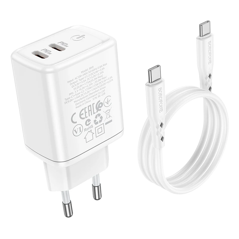 Oem Įkroviklis Borofone BN9 35W 2xUSB-C + USB-C to USB-C cable 1.0m baltas