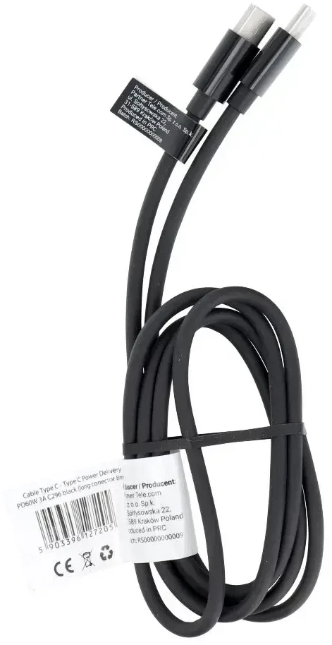 OEM kabelis C tipo į C tipo PD QC 3A 60W C296 (ilgas jungtis 8 mm) 1 m juodas
