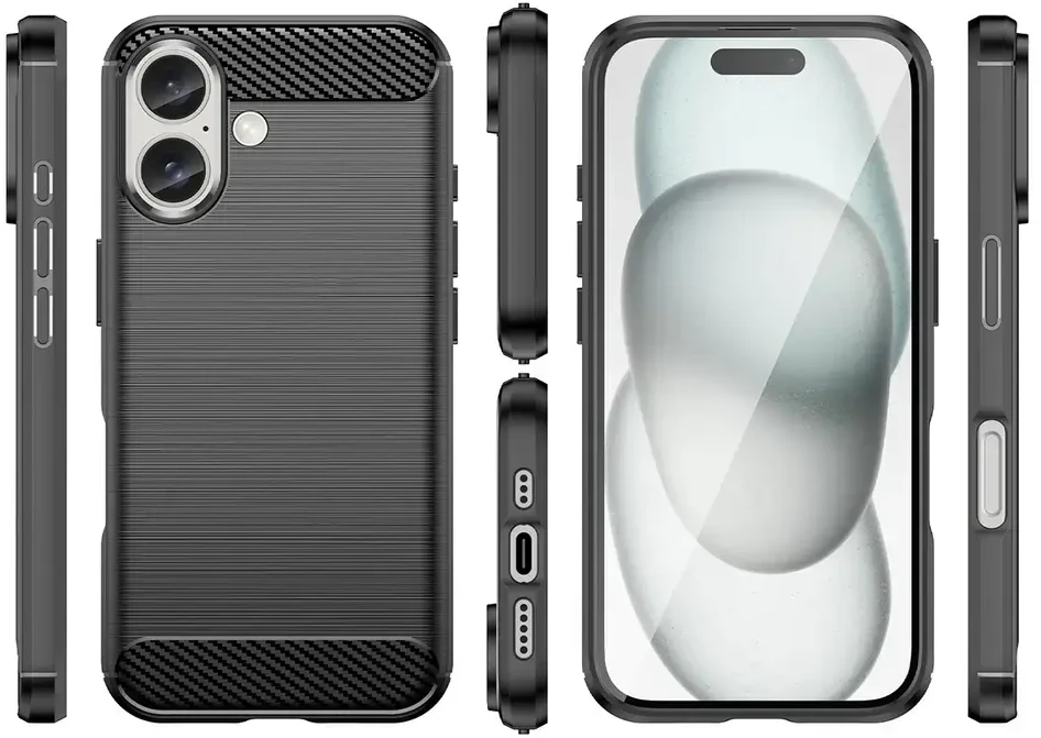 Hurtel Carbon Apple iPhone 16 silikoninis – dėklas telefonui juodos spalvos