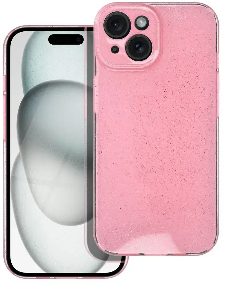 OEM dėklas, skirtas iPhone 15, skaidrus, 2 mm, mirksinčios rožinės spalvos